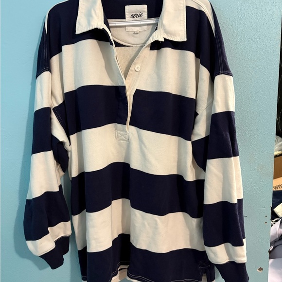 Aerie Oversized Classic Navy and Cream Prep Rally Rugby Sweatshirt XL EUC - Picture 1 of 4